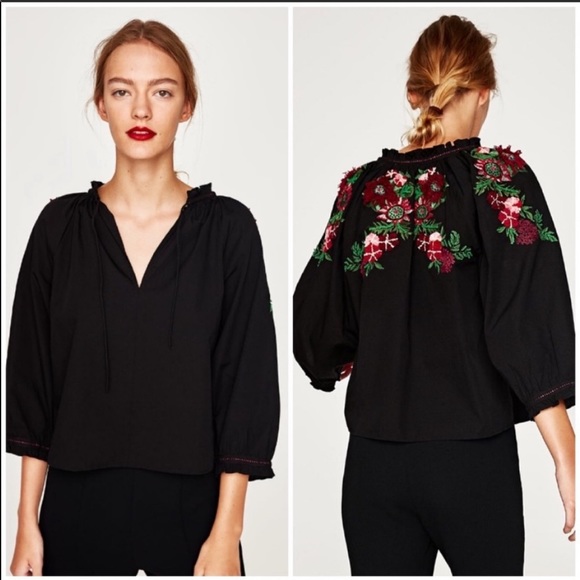 Zara Tops - NWT Zara Embroidered Peasant Top- Black
